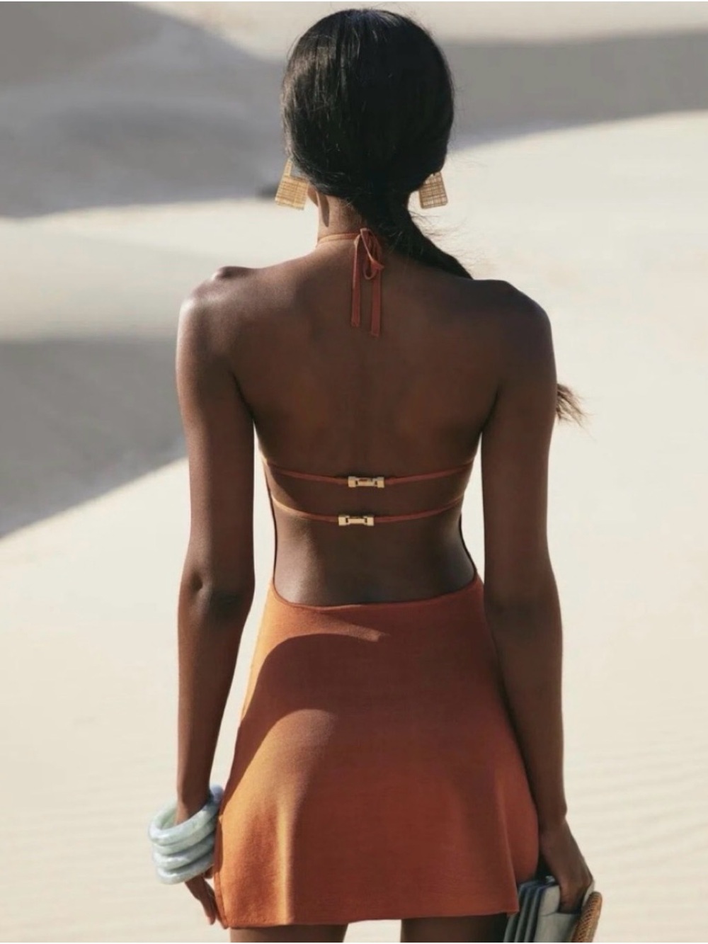 cult gaia women’s Rust Halter-Style Knit Mini open back Dress - Picture 3 of 6